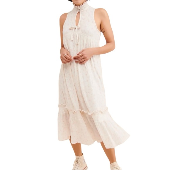 UO Annabelle Ruffle Mock Neck Midi Dress Soft Floral 100% Cotton Size Medium - Picture 1 of 12
